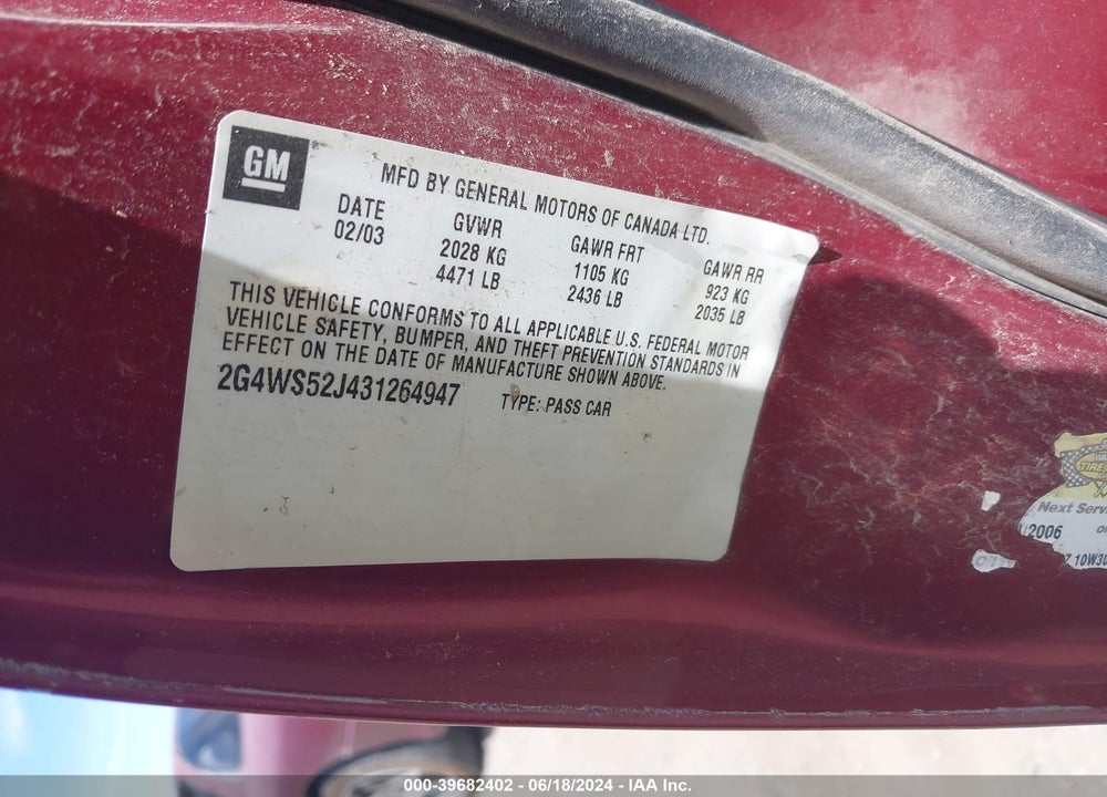 2003 BUICK CENTURY CUSTOM VIN: 2G4WS52J431264947