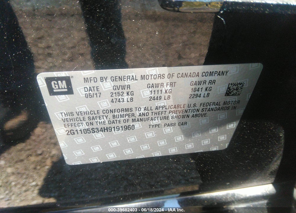2017 CHEVROLET IMPALA 1LT VIN: 2G1105S34H9191960