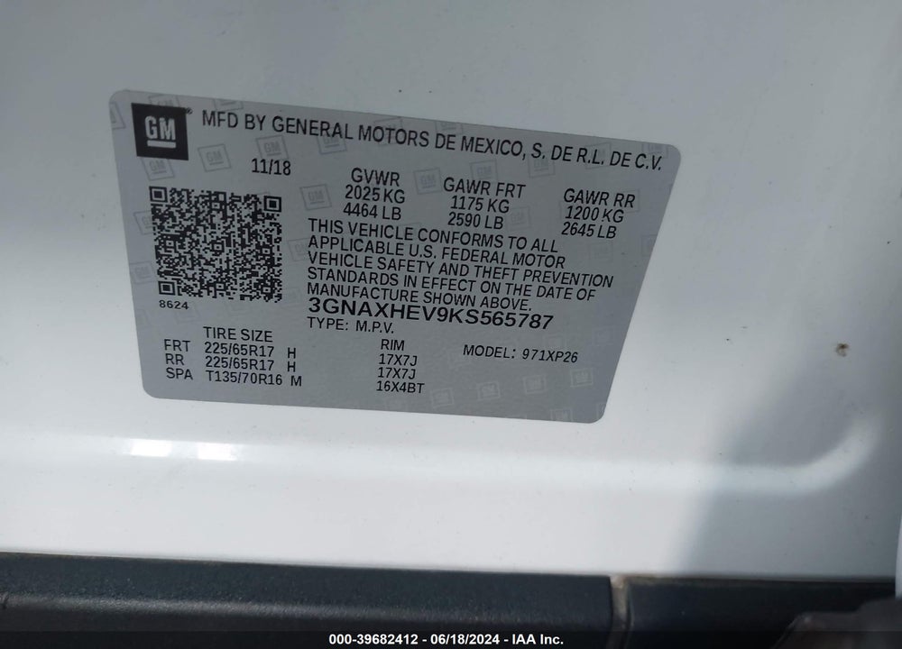 2019 CHEVROLET EQUINOX LS VIN: 3GNAXHEV9KS565787