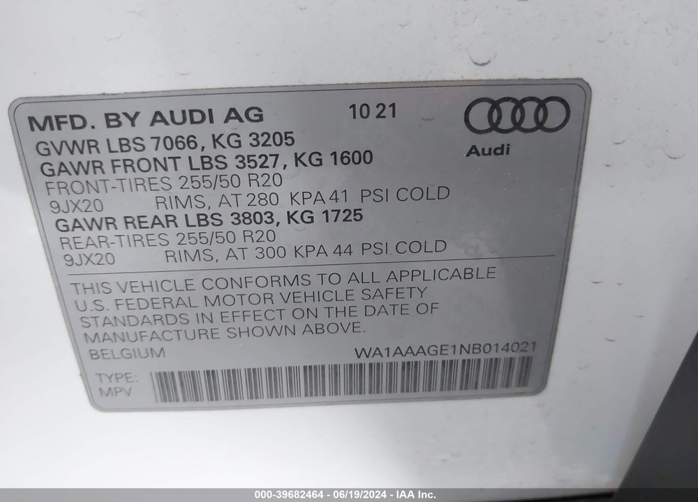 2022 AUDI E-TRON PREMIUM QUATTRO VIN: WA1AAAGE1NB014021