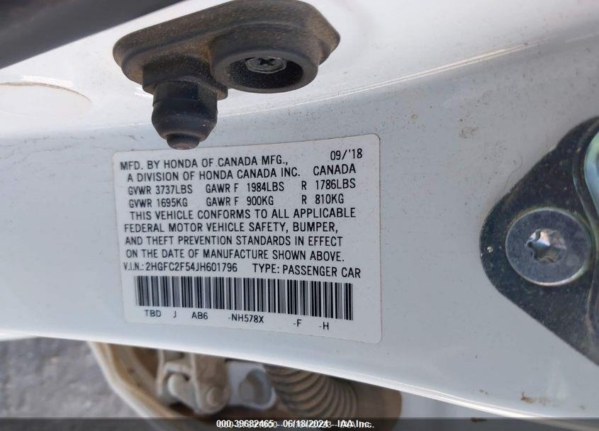 2018 HONDA CIVIC LX VIN: 2HGFC2F54JH601796