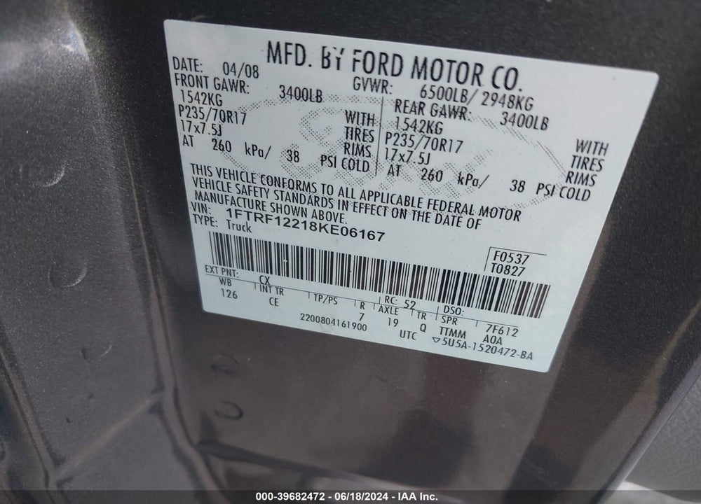2008 FORD F-150 STX/XL/XLT VIN: 1FTRF12218KE06167