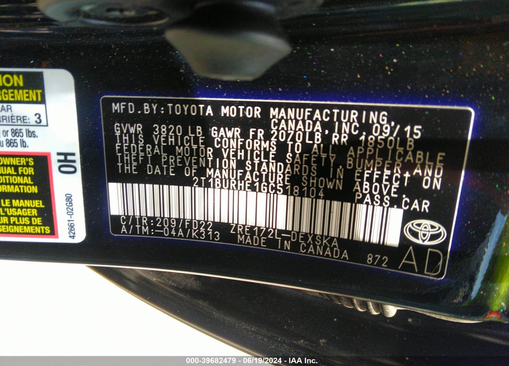 2016 TOYOTA COROLLA S W/SPECIAL EDITION PKG VIN: 2T1BURHE1GC518104