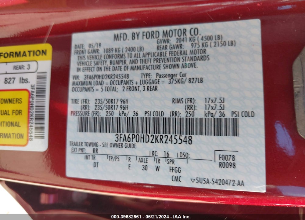 2019 FORD FUSION SE VIN: 3FA6P0HD2KR245548