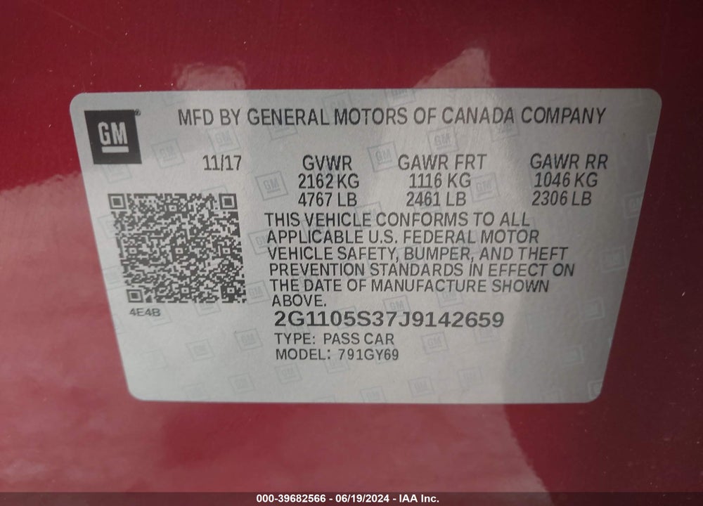 2018 CHEVROLET IMPALA 1LT VIN: 2G1105S37J9142659