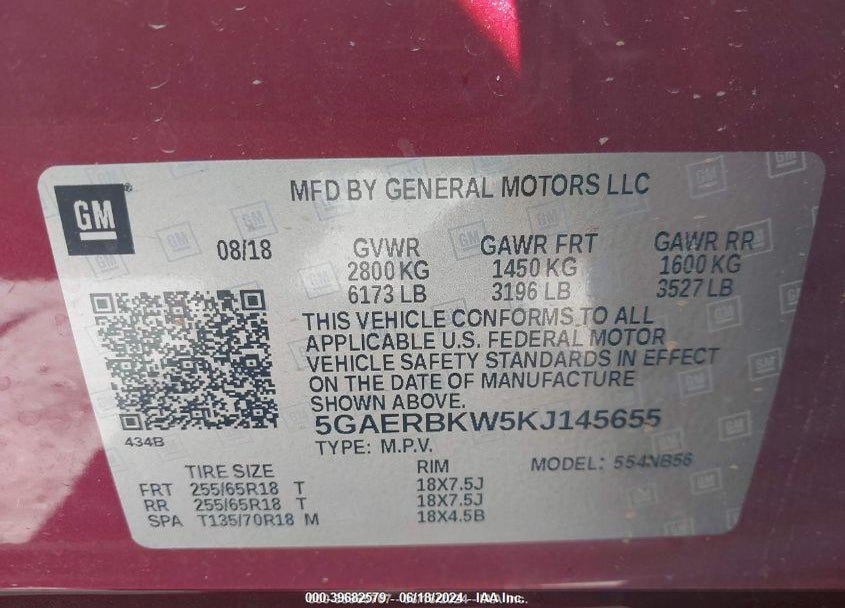 2019 BUICK ENCLAVE FWD ESSENCE VIN: 5GAERBKW5KJ145655