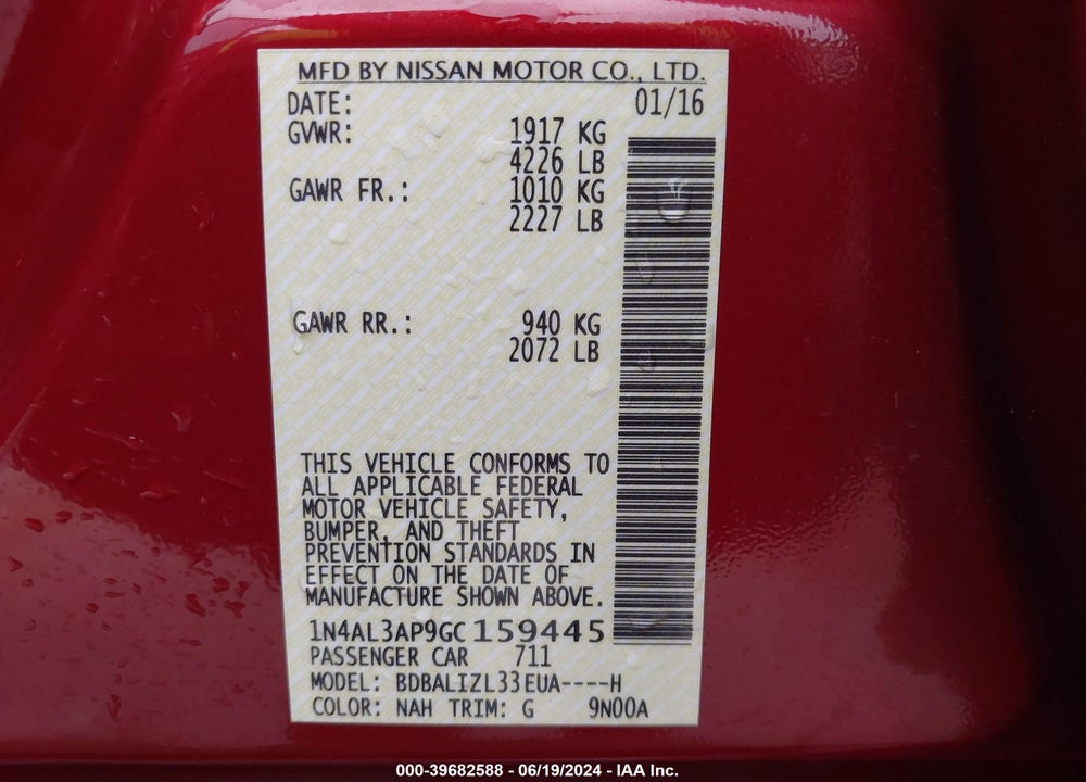 2016 NISSAN ALTIMA 2.5 SV VIN: 1N4AL3AP9GC159445