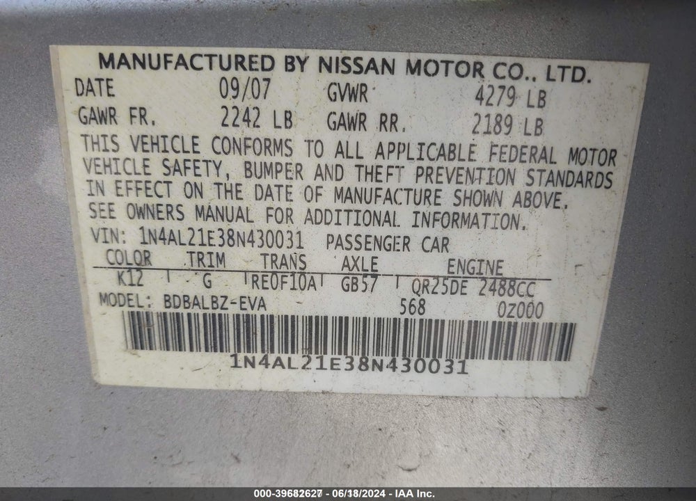 2008 NISSAN ALTIMA 2.5 S VIN: 1N4AL21E38N430031