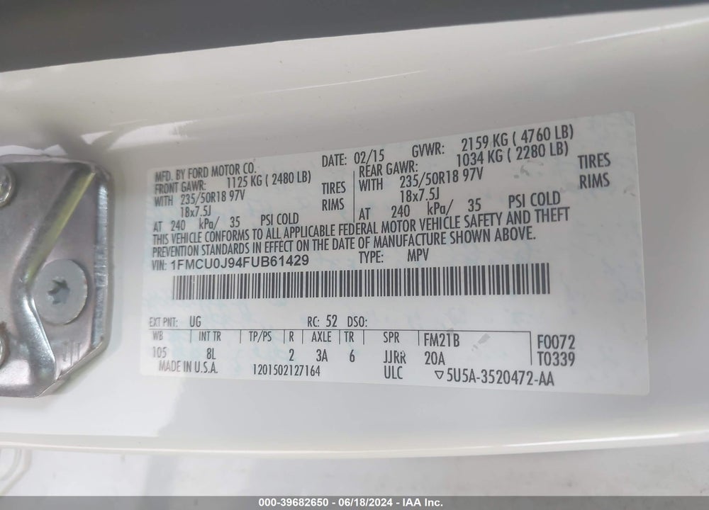2015 FORD ESCAPE TITANIUM VIN: 1FMCU0J94FUB61429