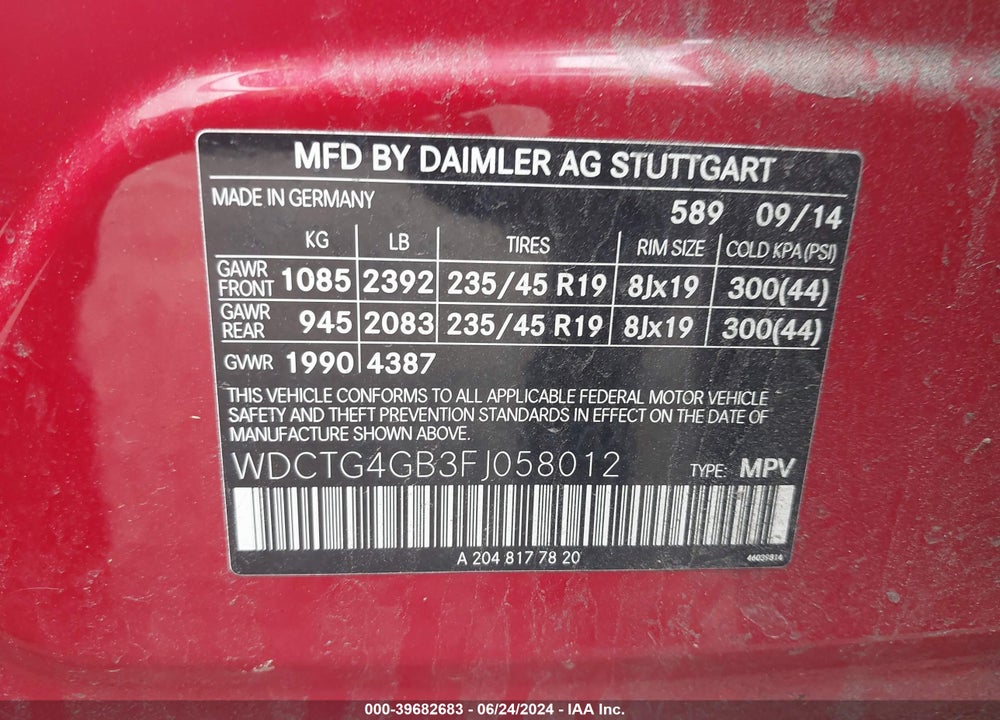 2015 MERCEDES-BENZ GLA 250 4MATIC VIN: WDCTG4GB3FJ058012