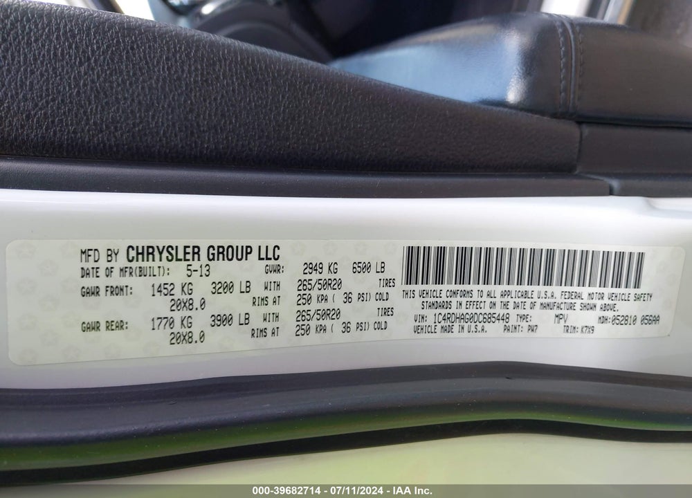 2013 DODGE DURANGO VIN: 1C4RDHAG0DC685448