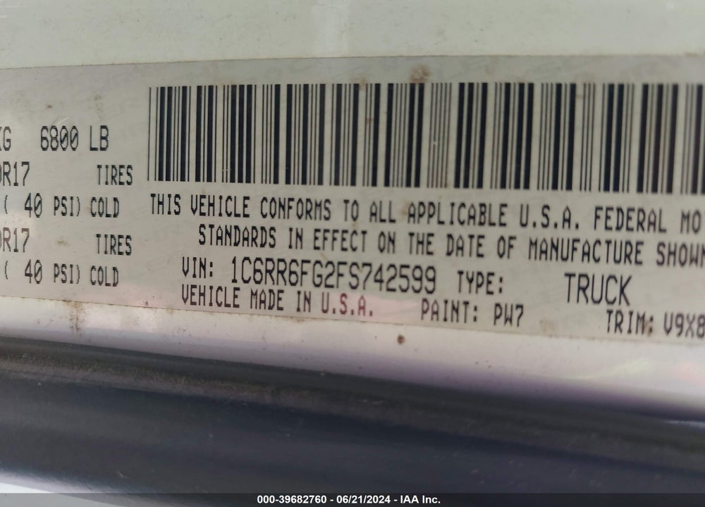 2015 RAM 1500 TRADESMAN VIN: 1C6RR6FG2FS742599