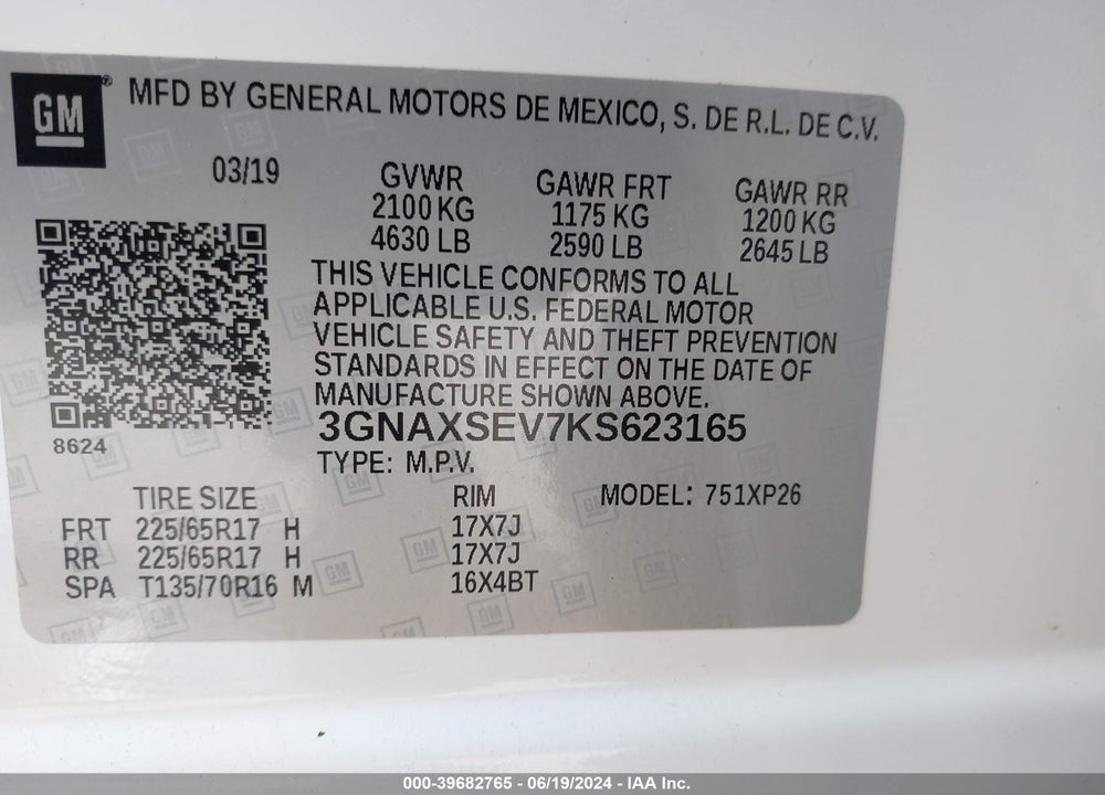 2019 CHEVROLET EQUINOX LS VIN: 3GNAXSEV7KS623165