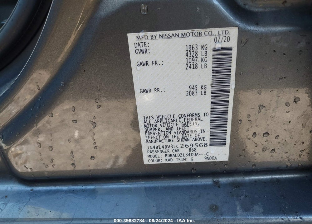 2020 NISSAN ALTIMA S FWD VIN: 1N4BL4BV3LC269568