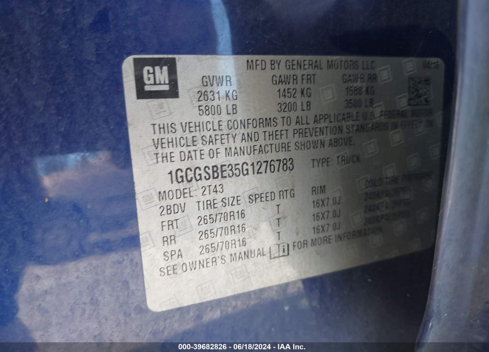2016 CHEVROLET COLORADO WT VIN: 1GCGSBE35G1276783