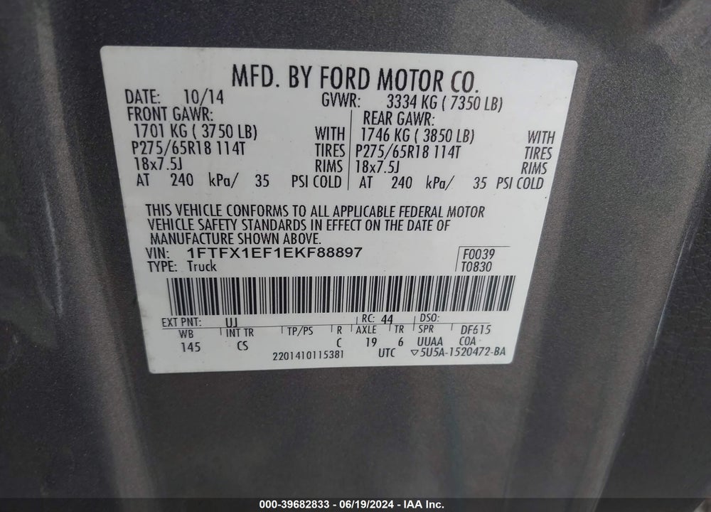 2014 FORD F-150 STX VIN: 1FTFX1EF1EKF88897