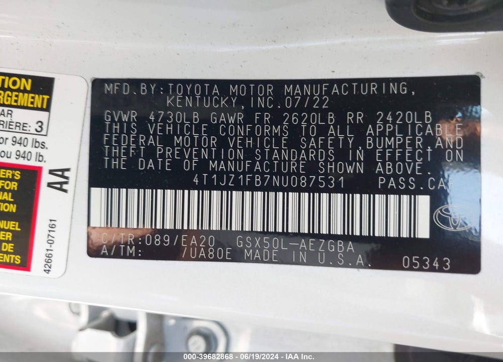 2022 TOYOTA AVALON XLE VIN: 4T1JZ1FB7NU087531