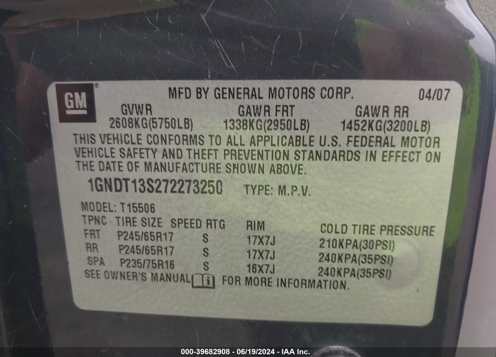 2007 CHEVROLET TRAILBLAZER LS VIN: 1GNDT13S272273250