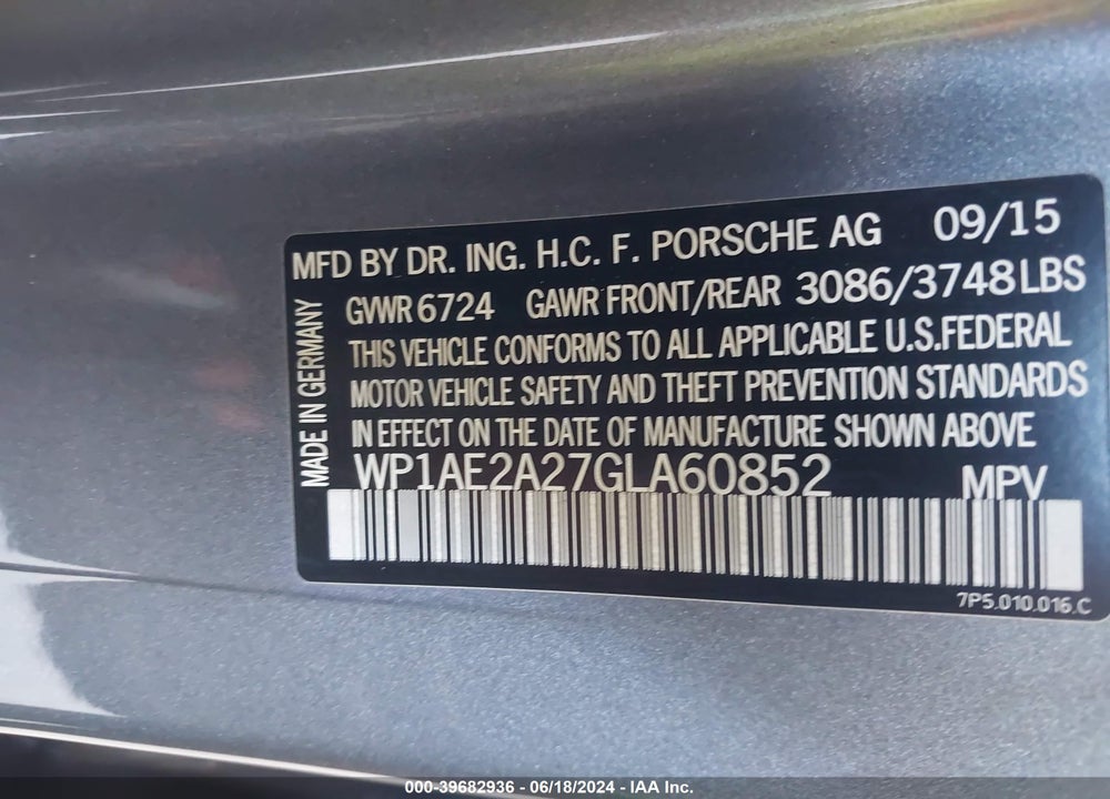 2016 PORSCHE CAYENNE E-HYBRID S VIN: WP1AE2A27GLA60852