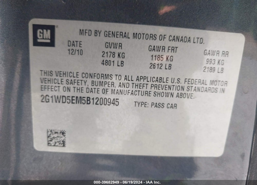2011 CHEVROLET IMPALA POLICE VIN: 2G1WD5EM5B1200945