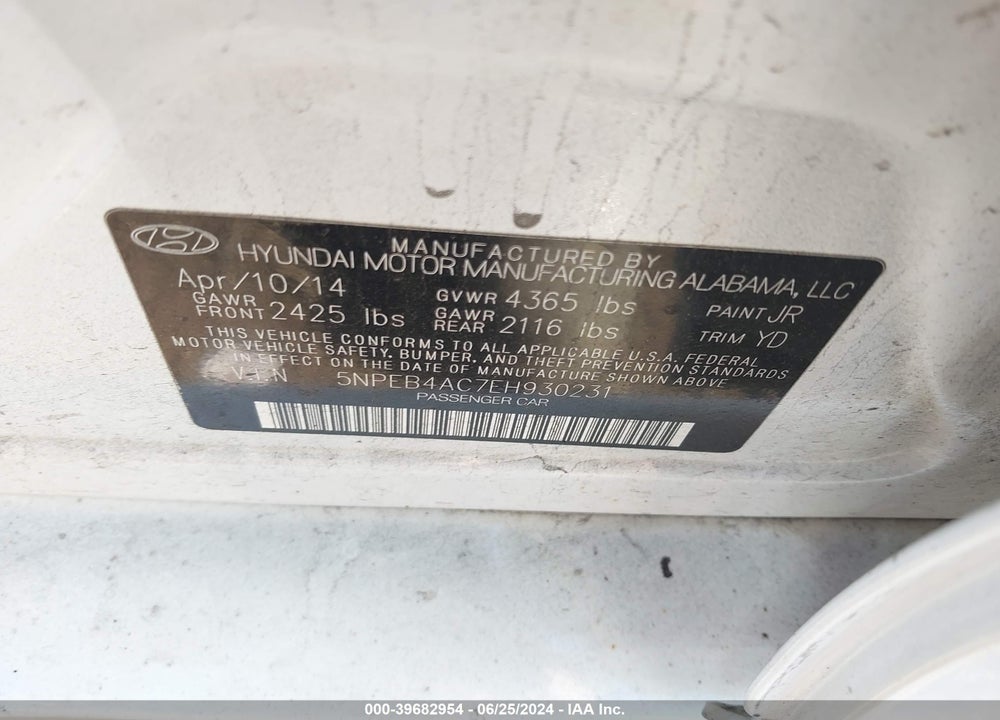 2014 HYUNDAI SONATA GLS VIN: 5NPEB4AC7EH930231