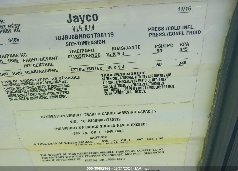 2016 JAYCO OTHER VIN: 1UJBJ0BN0G1T80119