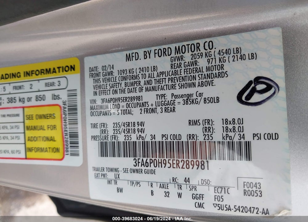 2014 FORD FUSION SE VIN: 3FA6P0H95ER289981