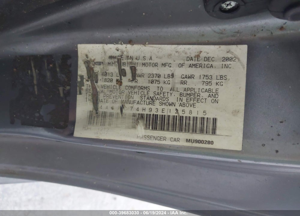 2003 MITSUBISHI ECLIPSE GTS VIN: 4A3AC74H93E125815