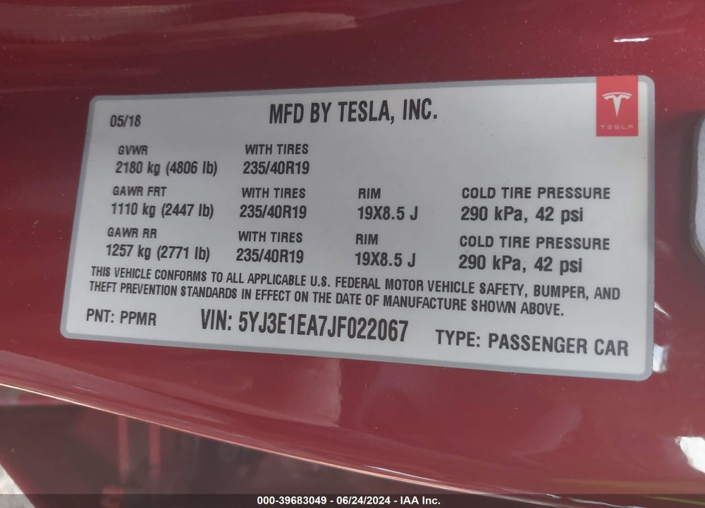2018 TESLA MODEL 3 LONG RANGE/MID RANGE VIN: 5YJ3E1EA7JF022067