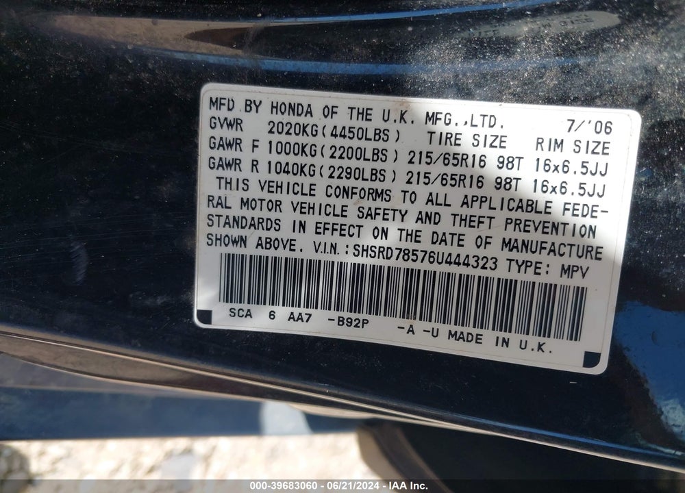 2006 HONDA CR-V LX VIN: SHSRD78576U444323