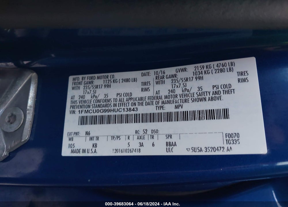 2017 FORD ESCAPE SE VIN: 1FMCU0G99HUC13843