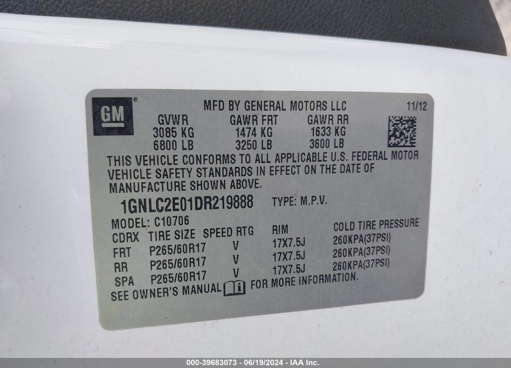 2013 CHEVROLET TAHOE COMMERCIAL VIN: 1GNLC2E01DR219888