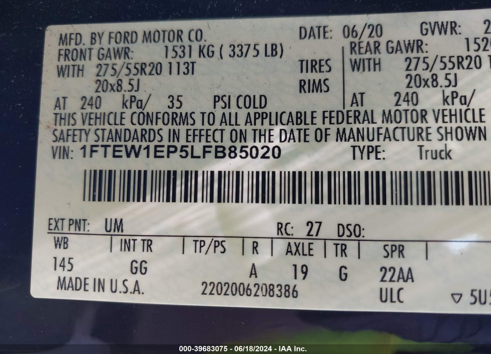 2020 FORD F-150 XL VIN: 1FTEW1EP5LFB85020