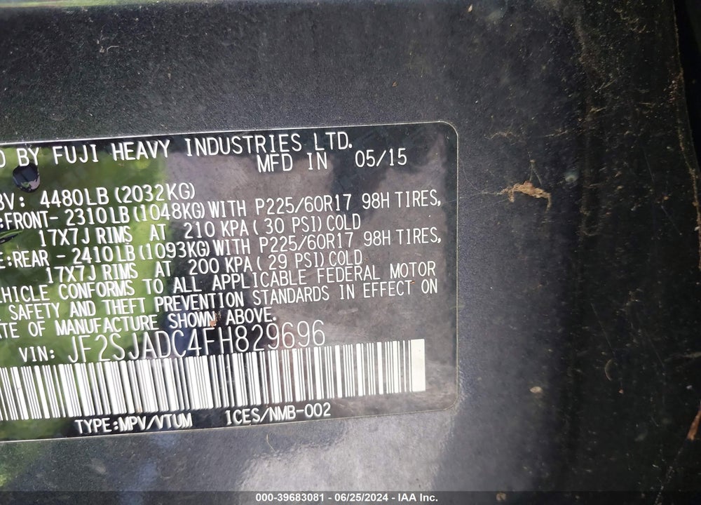 2015 SUBARU FORESTER 2.5I PREMIUM VIN: JF2SJADC4FH829696