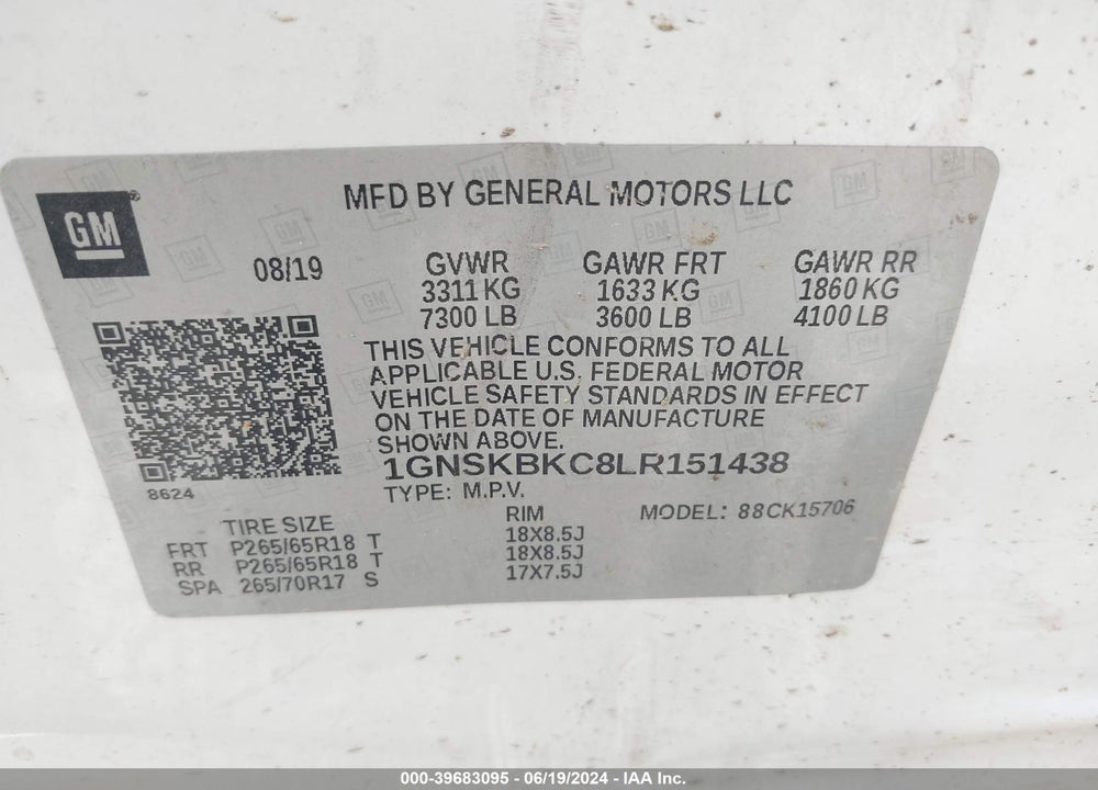 2020 CHEVROLET TAHOE 4WD LT VIN: 1GNSKBKC8LR151438