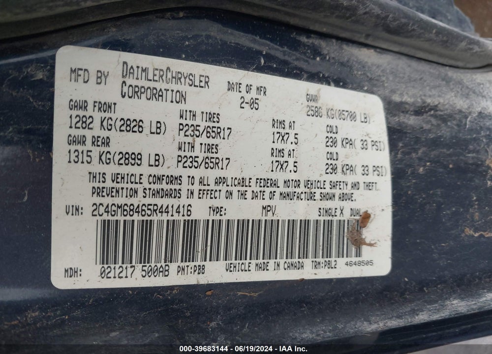 2005 CHRYSLER PACIFICA TOURING VIN: 2C4GM68465R441416