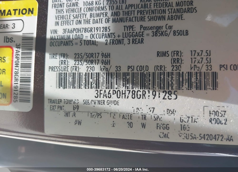 2016 FORD FUSION SE VIN: 3FA6P0H78GR191285
