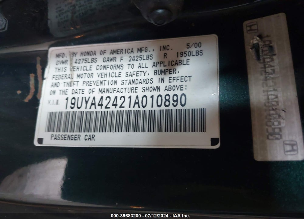 2001 ACURA CL VIN: 19UYA42421A010890