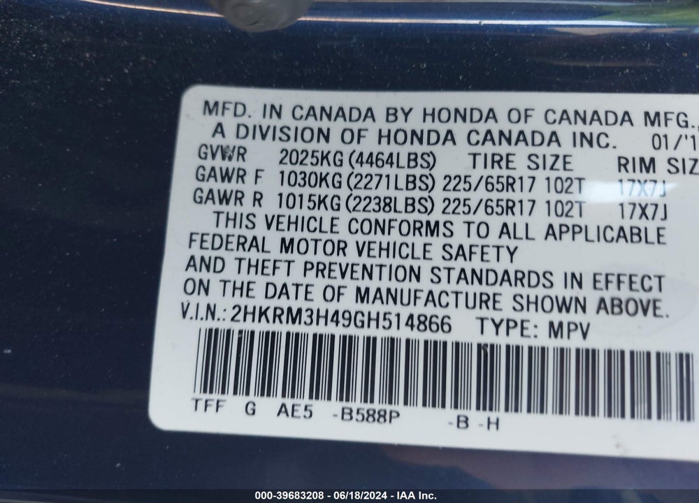 2016 HONDA CR-V SE VIN: 2HKRM3H49GH514866