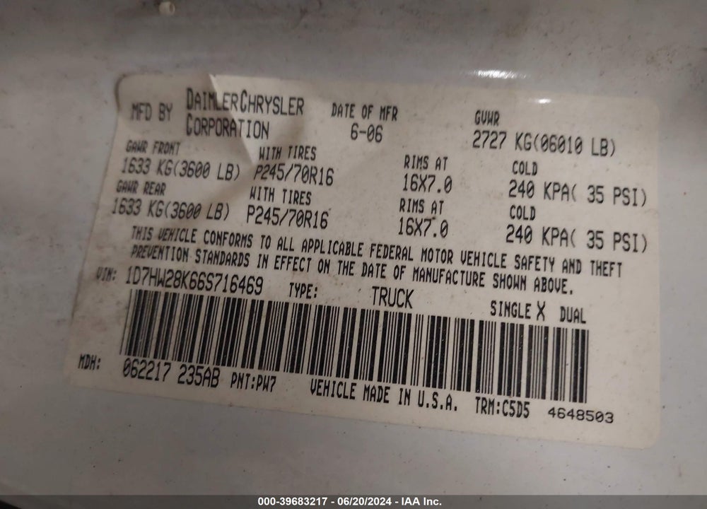 2006 DODGE DAKOTA ST VIN: 1D7HW28K66S716469