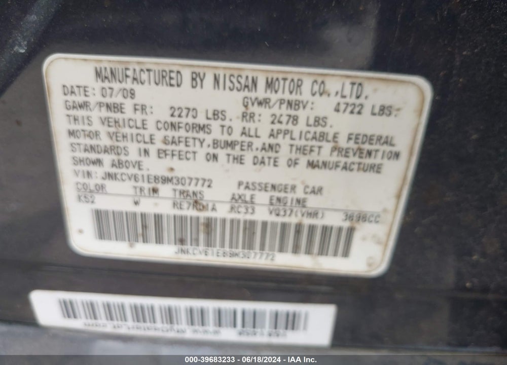 2009 INFINITI G37 JOURNEY VIN: JNKCV61E89M307772