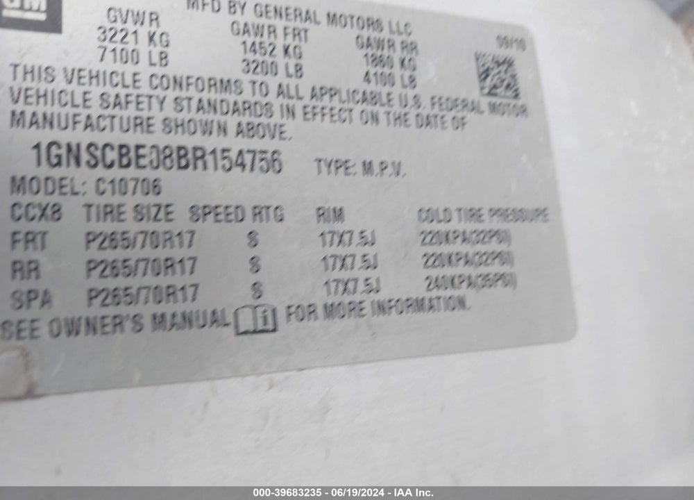 2011 CHEVROLET TAHOE LT VIN: 1GNSCBE08BR154756