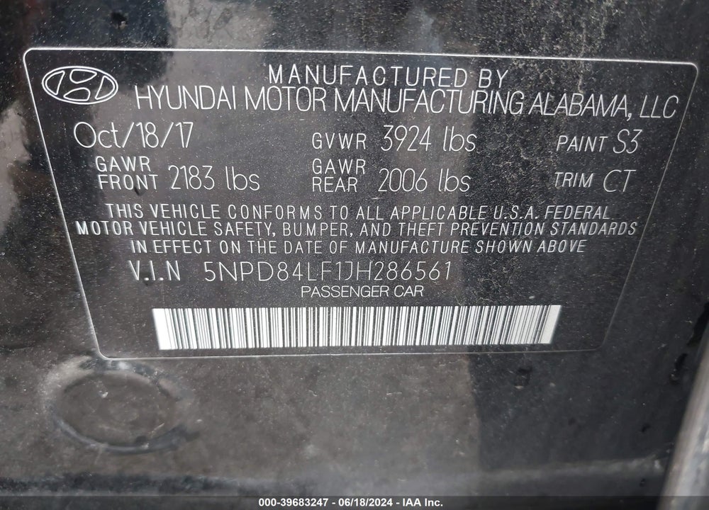 2018 HYUNDAI ELANTRA SEL VIN: 5NPD84LF1JH286561