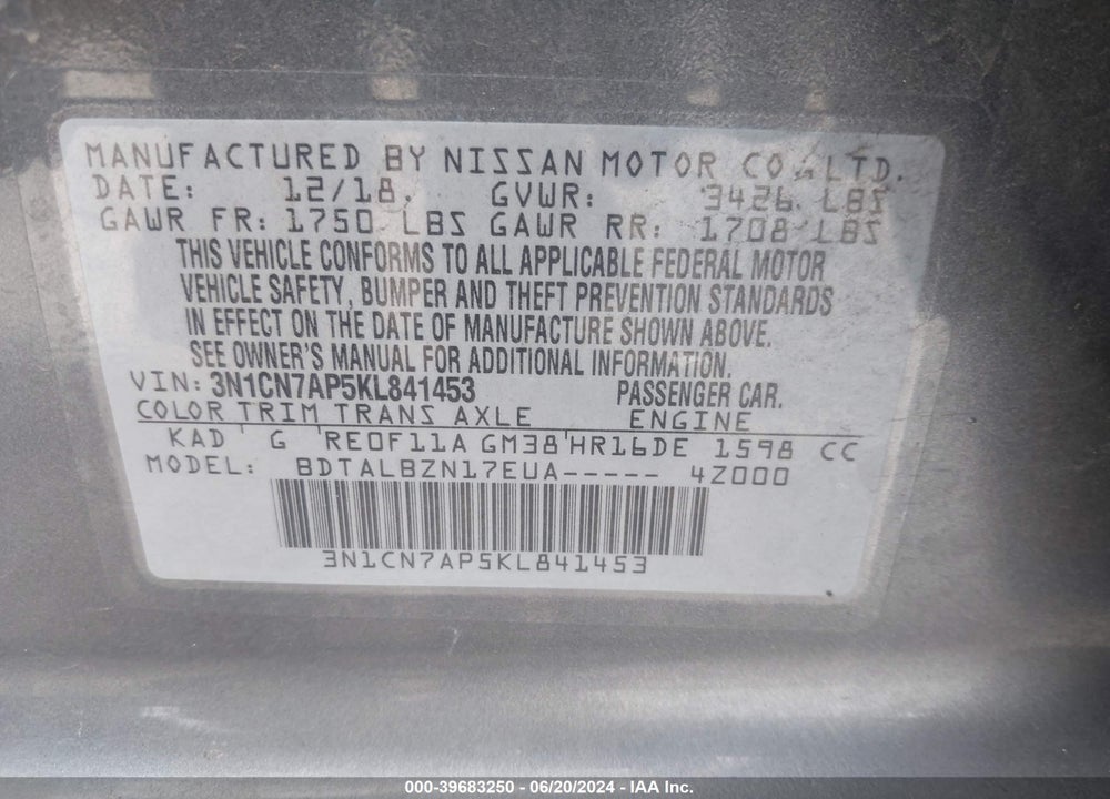2019 NISSAN VERSA 1.6 SV VIN: 3N1CN7AP5KL841453