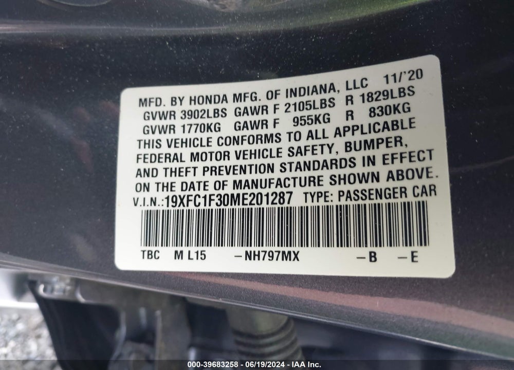 2021 HONDA CIVIC EX VIN: 19XFC1F30ME201287
