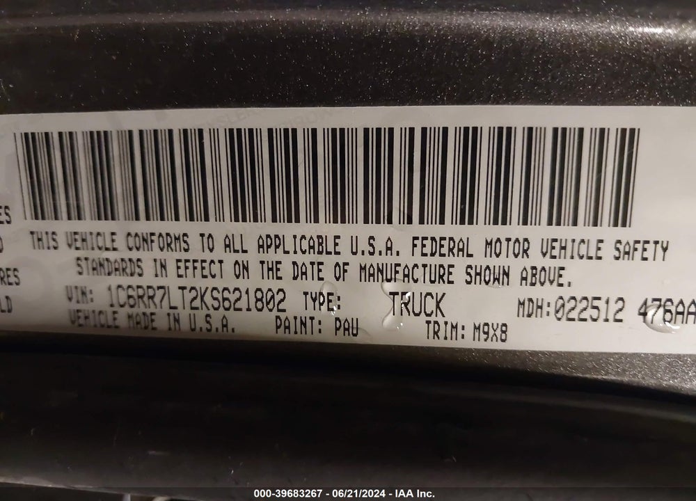 2019 RAM 1500 CLASSIC BIG HORN 4X4 5'7 BOX VIN: 1C6RR7LT2KS621802