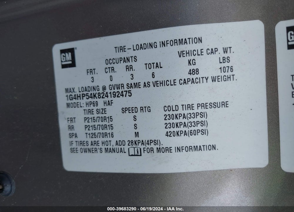 2002 BUICK LESABRE CUSTOM VIN: 1G4HP54K824192475