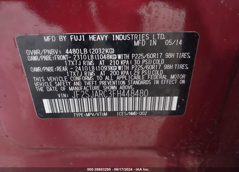 2015 SUBARU FORESTER 2.5I LIMITED VIN: JF2SJARC3FH448480