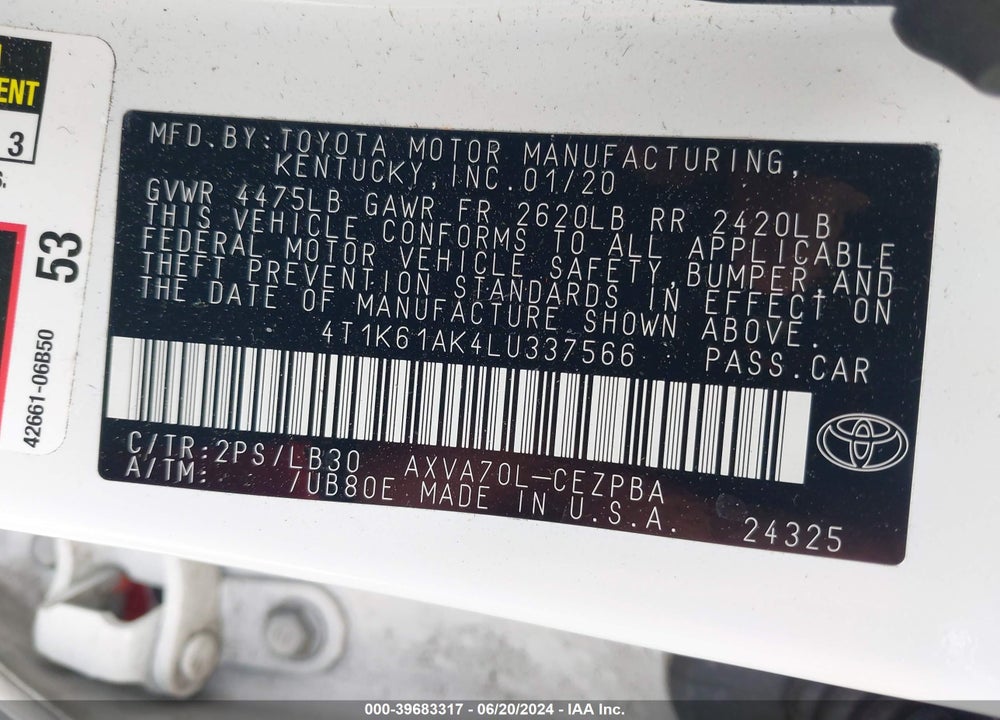 2020 TOYOTA CAMRY XSE VIN: 4T1K61AK4LU337566