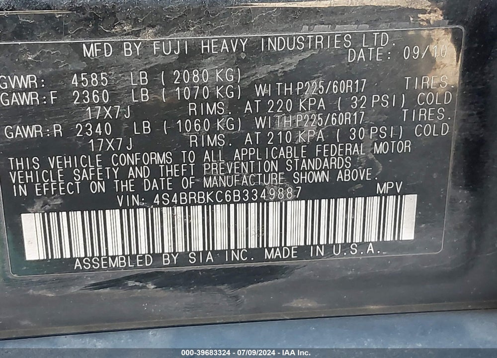 2011 SUBARU OUTBACK 2.5I LIMITED VIN: 4S4BRBKC6B3349887